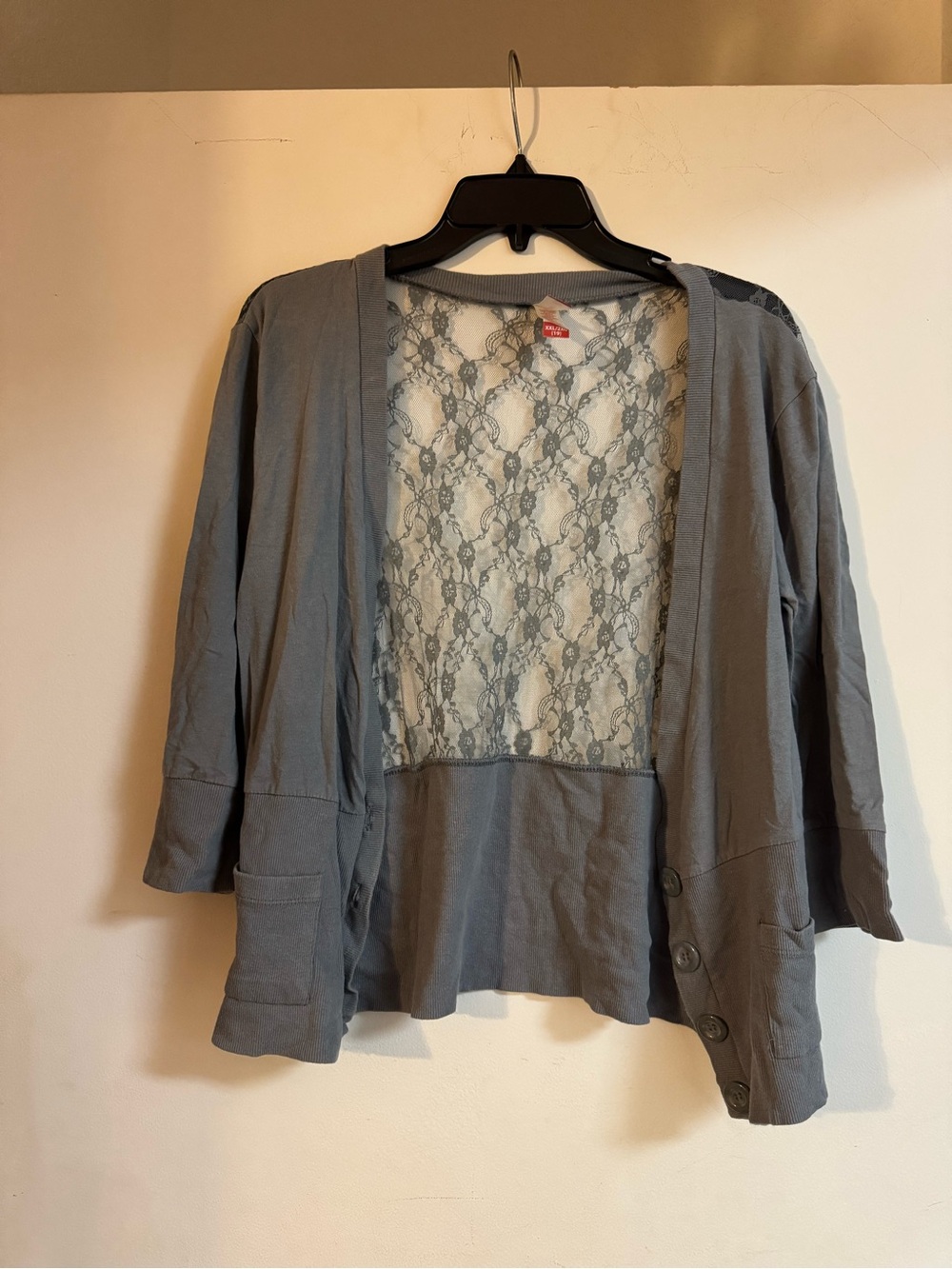 Gray Lace-Back Open Cardigan